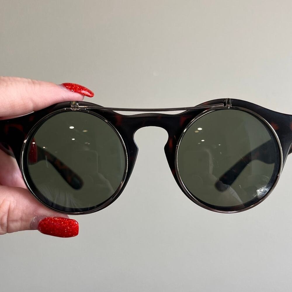 Round Flip Up Y2K Sunglasses Tortoiseshell Retro Steampunk Festival UV400 Shades - Picture 10 of 11